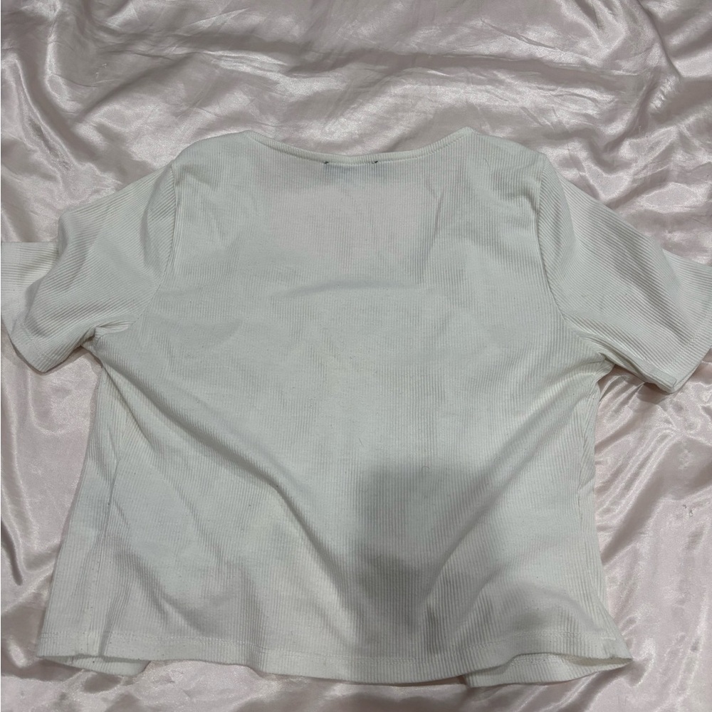 White Ribbed Lace-Trim Short Sleeve Top - Picture 2 of 2